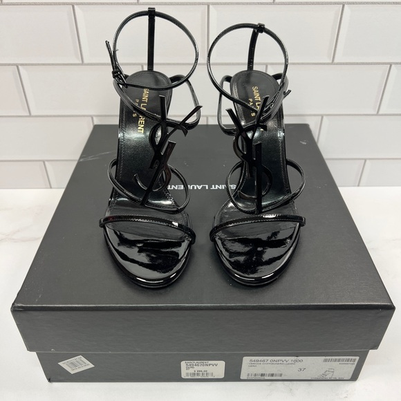 YSL Yves Saint Laurent Black Leather Cassandra Logo Sandals Sandal High Heels - Picture 2 of 9